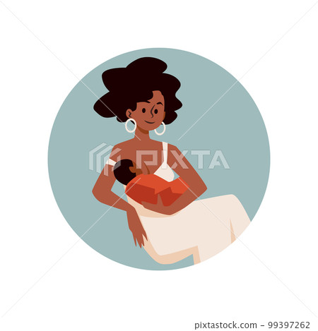 Happy woman breastfeeding newborn baby, flat vector illustration isolated on white background. 99397262