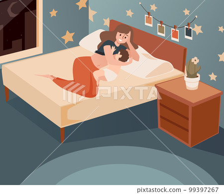 Woman breastfeeding newborn baby lying on side on bed, flat vector illustration. Woman breastfeeding newborn baby lying on side on bed, flat vector illustration. 99397267