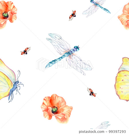 Meadow insects and flowers watercolor seamless pattern on white. Meadow insects and flowers watercolor seamless pattern on white. 99397293