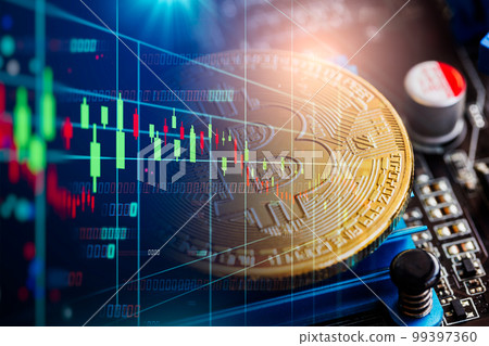 Modern way of exchange. Bitcoin is convenient payment in global economy market. Virtual digital currency and financial investment trade concept. Abstract cryptocurrency with gold bitcoin background.. Modern way of exchange. Bitcoin is convenient payment in global economy market. Virtual digital currency and financial investment trade concept. Abstract cryptocurrency with gold bitcoin background.. 99397360