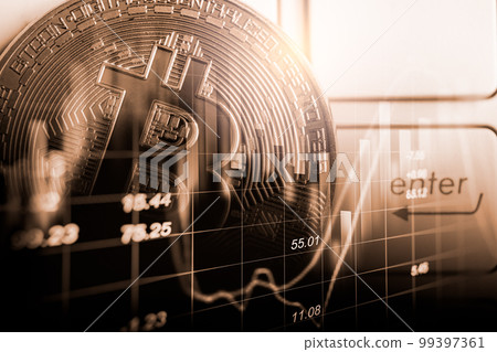 Modern way of exchange. Bitcoin is convenient payment in global economy market. Virtual digital currency and financial investment trade concept. Abstract cryptocurrency with gold bitcoin background.. 99397361