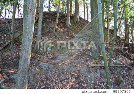 The enclosure and stone walls of Komayama Castle in Harima overlooking the city of Kamigori 99397595