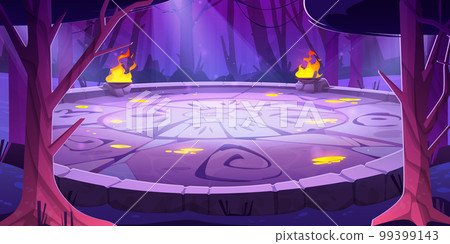Battle arena with runes at night in magic forest Battle arena with runes at night in magic forest 99399143