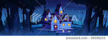 Night rainy landscape with forest, village house 99399243