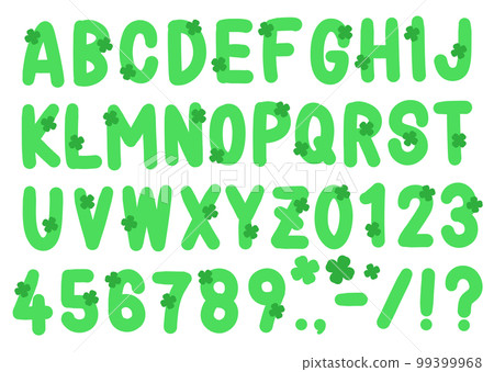 手寫字母和數字 帶有四葉草圖案的綠色字體 手寫字母和數字 帶有四葉草圖案的綠色字體 99399968
