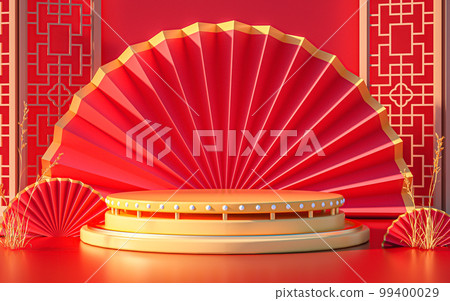 3D Rendering Red Chinese Style Product Booth Background 99400029