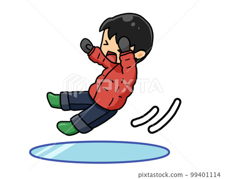 Illustration of a Japanese boy slipping and falling on ice 99401114