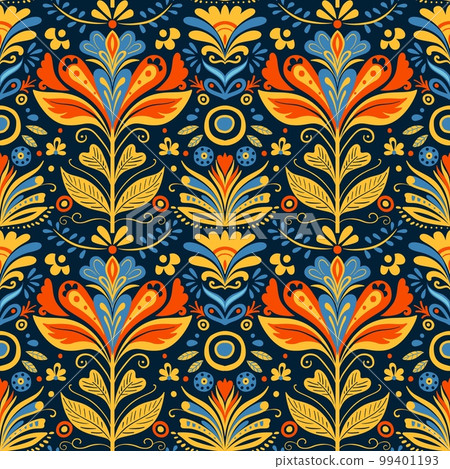Seamless folk art vector pattern with birds and flowers, Scandinavian or Nordic navy blue repetitive floral design. Retro style navy blue ornament, Scandi endless background perfect for textile design 99401193