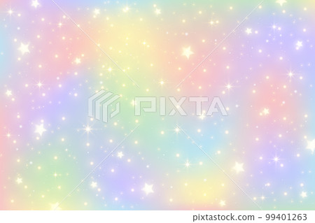 Rainbow unicorn background. Girlie princess sky with stars and sparkles. Gradient holographic fantasy backdrop. Vector abstract iridescent texture. 99401263