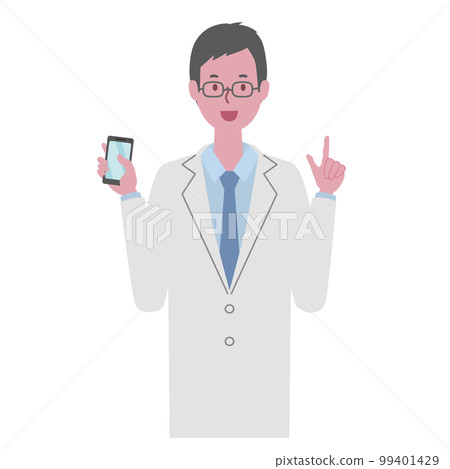 Vector illustration of a man (doctor or researcher) wearing a white coat with a smartphone 99401429