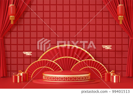 3D Rendering Red Chinese Style Product Booth Background 99401513