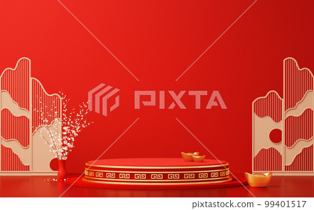 3D渲染紅色中國風產品展位背景 3D渲染紅色中國風產品展位背景 99401517