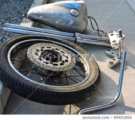 Motorcycle parts disassembled and arranged Motorcycle parts disassembled and arranged 99401660