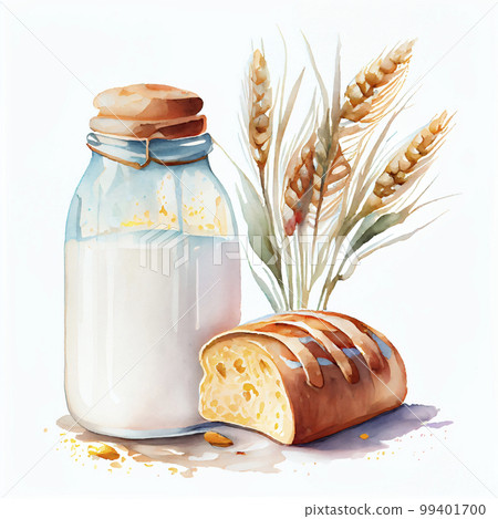 Milk, bread and ears of wheat watercolor style illustration "AI generated image" 99401700