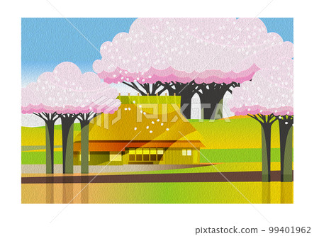 Oil painting style A gentle spring mountain village landscape with cherry blossoms. 99401962