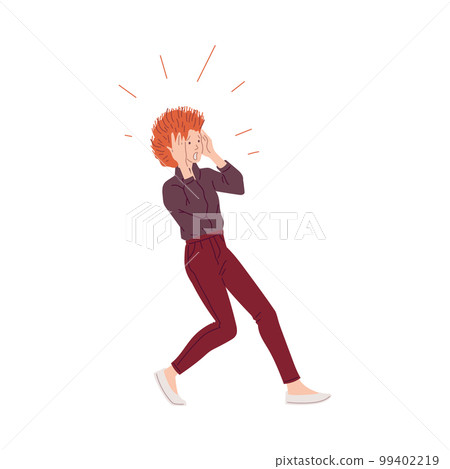 Panic red-haired woman with opened mouth backs up flat style Panic red-haired woman with opened mouth backs up flat style 99402219