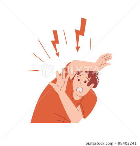 Anxious frightened man dodges the blow and covers head, flat vector isolated. Anxious frightened man dodges the blow and covers head, flat vector isolated. 99402241