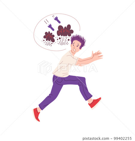 Terrified man running from bombs and explosions, flat vector illustration isolated on white background. 99402255