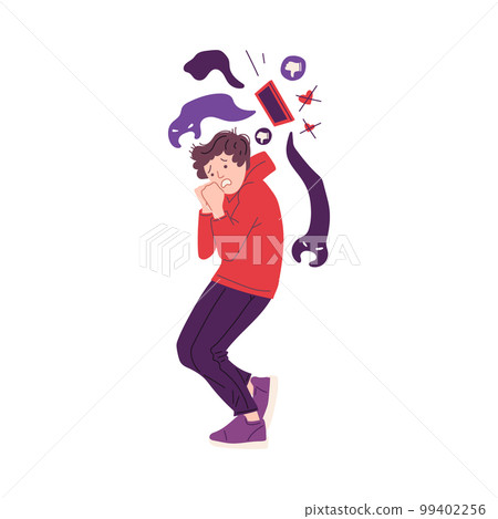 Man in panic suffering from cyberbullying flat vector illustration isolated. Man in panic suffering from cyberbullying flat vector illustration isolated. 99402256