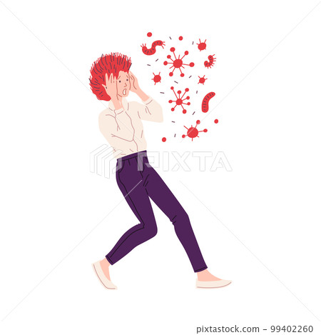 Frightened woman afraid of viruses and gems flat vector illustration isolated. 99402260