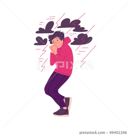 Scared man is afraid of lighting and thunderstorm, flat vector illustration isolated on white background. Scared man is afraid of lighting and thunderstorm, flat vector illustration isolated on white background. 99402266