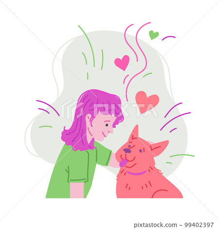 Girl petting dog, cartoon flat vector illustration isolated on white background. Girl petting dog, cartoon flat vector illustration isolated on white background. 99402397