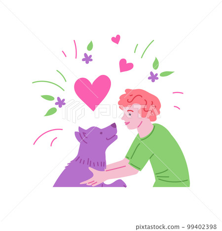 Child hugging cute funny dog flat cartoon vector illustration isolated on white. 99402398
