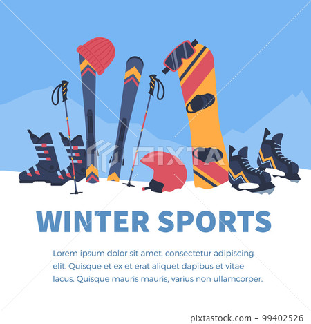 Winter sports poster or banner with sport equipment flat vector illustration. 99402526
