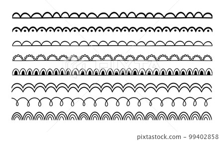 Doodle scalloped edge seamless brush stroke. Hand drawn scalloped border. Fabric laces silhouette. Repeat cute vintage frill ornament. Texture ribbon. Vector illustration isolated on white background Doodle scalloped edge seamless brush stroke. Hand drawn scalloped border. Fabric laces silhouette. Repeat cute vintage frill ornament. Texture ribbon. Vector illustration isolated on white background 99402858