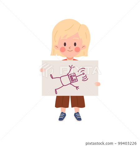 Smiling girl holding paper with drawing of robot, cartoon flat vector illustration isolated on white background. 99403226