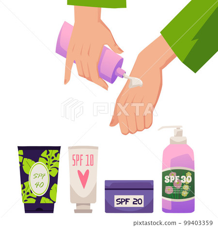 Person applying SPF cream on hands, cartoon flat vector illustration isolated on white background. 99403359