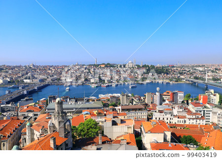 Aerial view of Istanbul, Suleymaniye Mosque and Bosphorus, Turkey. Top view from Galata Tower 99403419