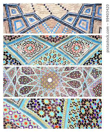 Set of horizontal banner with detail of traditional persian mosaic arch with geometrical ornament, Iran Set of horizontal banner with detail of traditional persian mosaic arch with geometrical ornament, Iran 99403420