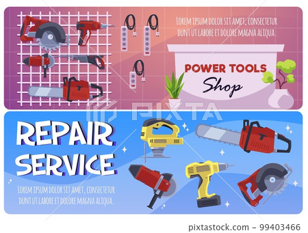 Set of website banner templates about power tools shop and repair service flat style 99403466