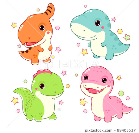Set of cute dino in kawaii style. Collection of smiling cartoon dinosaurios - tyrannosaurus, saurolophus, diplodocus, velociraptor 99403537