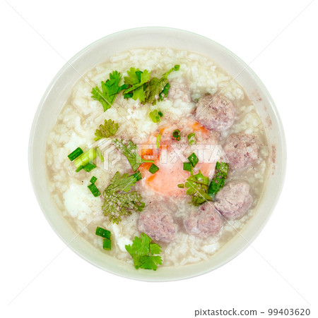 rice porridge with pork meat ball isolated 99403620