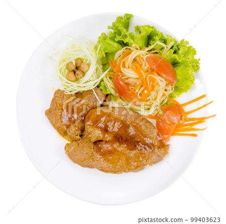 Grilled steak meat with vegetable salad isolated Grilled steak meat with vegetable salad isolated 99403623