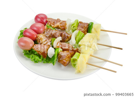 skewer of mixed meat and vegetables isolated 99403665