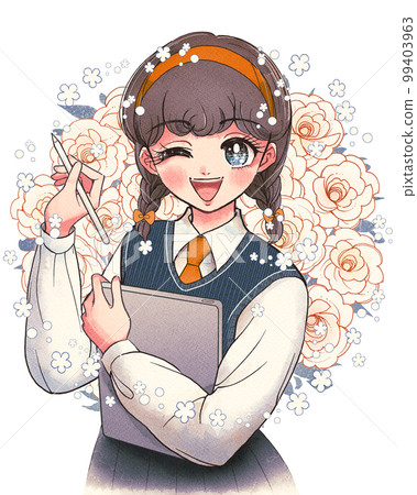 老式的女孩卡通插圖，女孩在平板電腦上畫畫 99403963