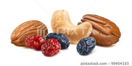 Almond, cashew, pecan, cranberry and raisin mix. Nuts and berries isolated on white background Almond, cashew, pecan, cranberry and raisin mix. Nuts and berries isolated on white background 99404183