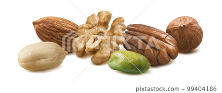 Nut mix isolated on white background. Peanut, pecan, walnut, almond, hazelnut, pistachio 99404186