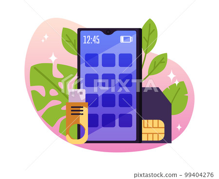 Smartphone with flash drive and sim card, cartoon flat vector illustration isolated on white background. 99404276