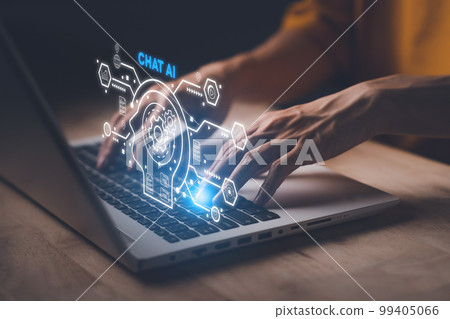 Chatbot growing with artificial intelligence or AI. Businessman using notebook (laptop) with chatbot by OpenAI. Futuristic technology concept. 99405066