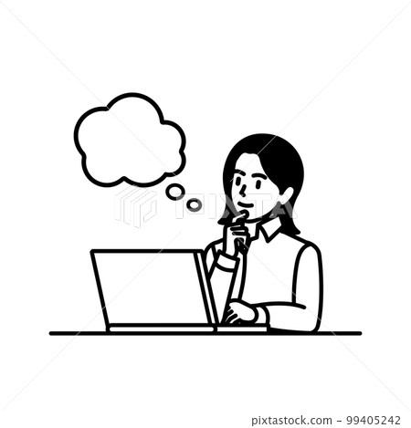 An illustration of a business woman who imagines ideas and thinks positively with a pleasant smile at work. 99405242