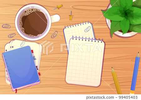 Workplace with stationary, cup with coffee, notebook, paper notes top view on wooden desk, table in cartoon style. 99405403