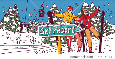 Happy family mountain skiing snow winter resort vacation 99405945