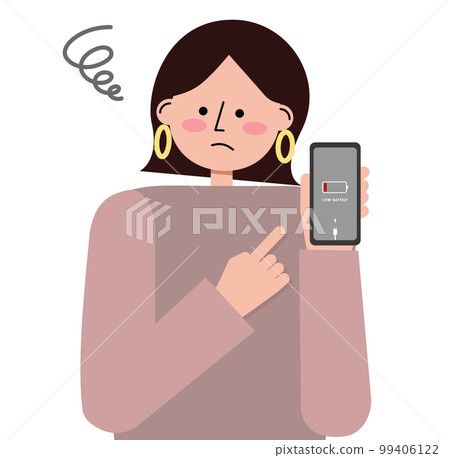 Vector illustration (bust up) of a bob hair woman with a dead smartphone with a troubled face Vector illustration (bust up) of a bob hair woman with a dead smartphone with a troubled face 99406122