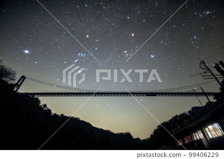 Hitachiota City, Ibaraki Prefecture Ryujin Great Suspension Bridge and Orion Theater looking up from Ryujin Dam 99406229