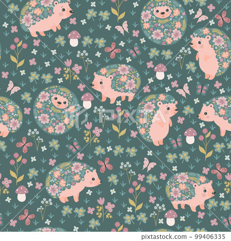 Seamless pattern of blooming hedgehogs and flowers. Vector graphics. Seamless pattern of blooming hedgehogs and flowers. Vector graphics. 99406335