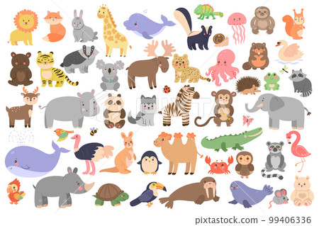 Big set of cute animals in cartoon style isolated on white background. Vector graphics. 99406336